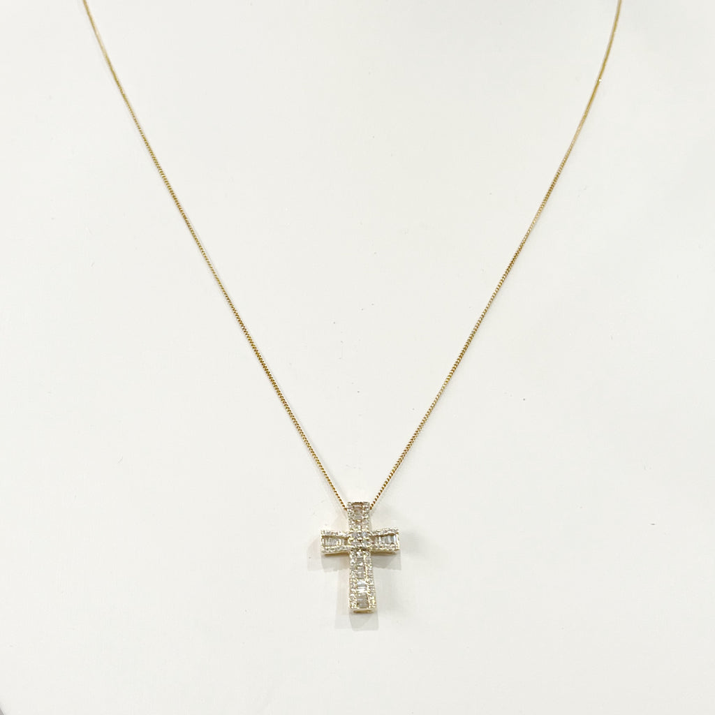 Necklace - Mini Cable Chain w/Diamond Baguette Cross