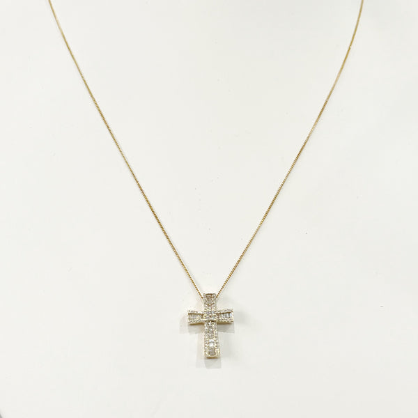 Necklace - Mini Cable Chain w/Diamond Baguette Cross
