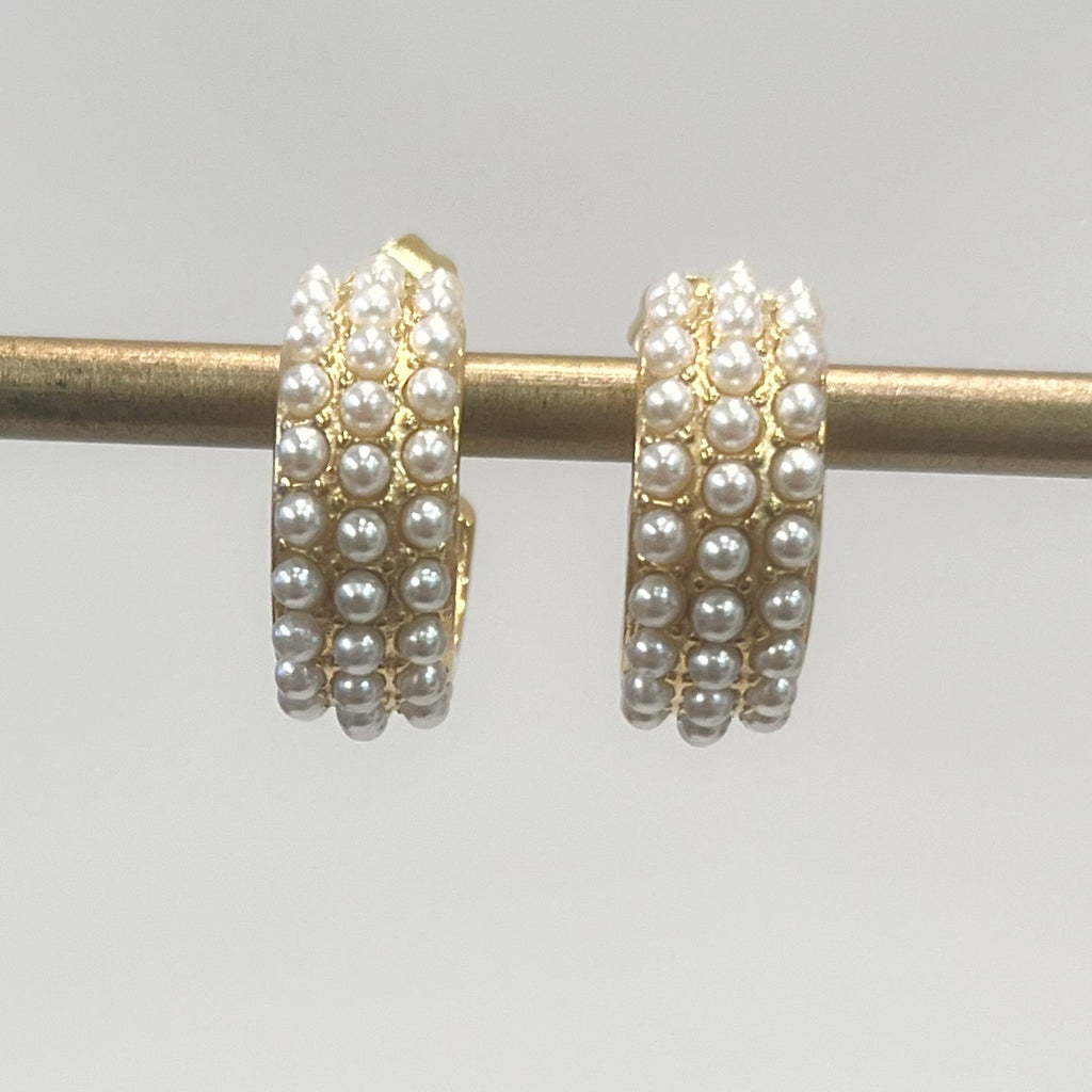 Earrings - Gold Hoops w/Three Rows of Pearls