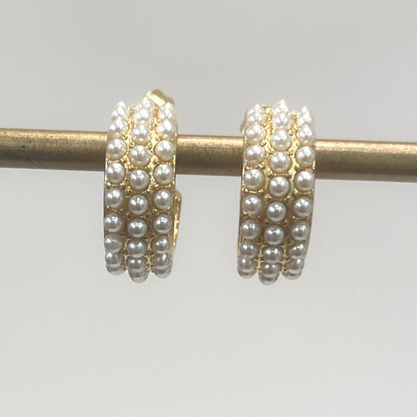 Earrings - Gold Hoops w/Three Rows of Pearls