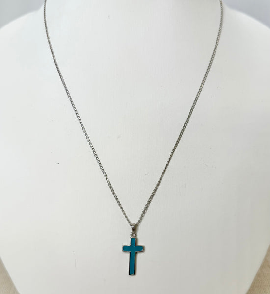 Estate Collection - Silver Blue Enamel Cross on Silver Chain