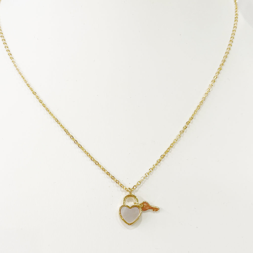 Necklace - Mother of Pearl Tiny Heart & Key Necklace