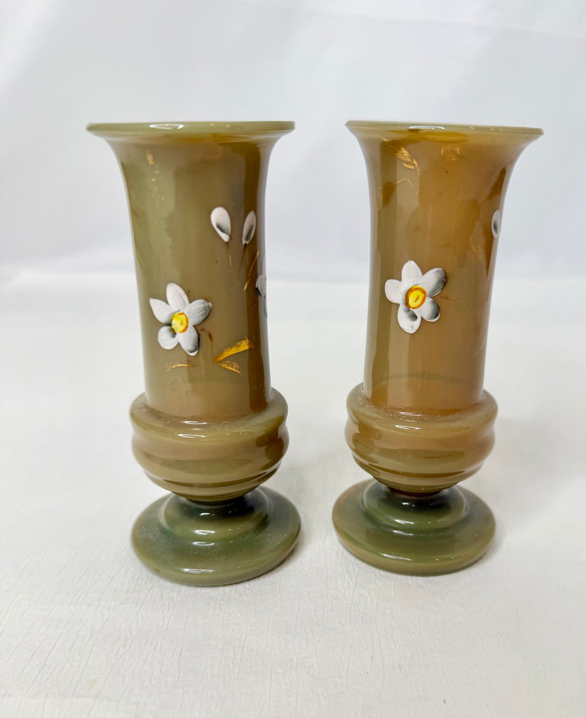 Estate Collection Bristol Glass - Pair of Green Bud Vases