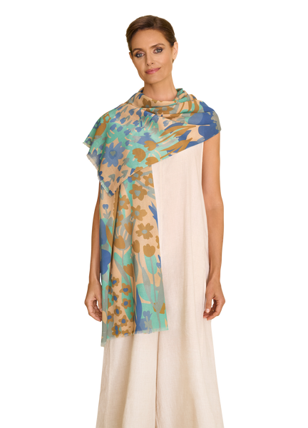 Scarf - Cotton Scarf - Springtime Floral-Denim: Blue