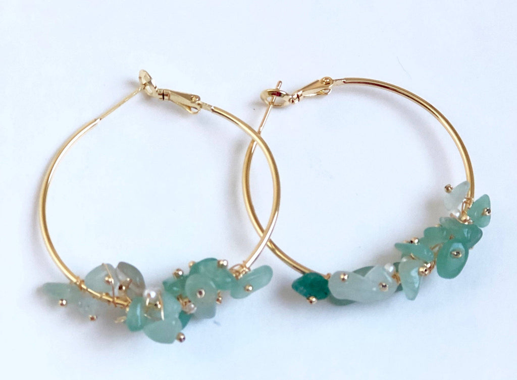Earrings - Stone and Pearl Cluster Hoop Earring: