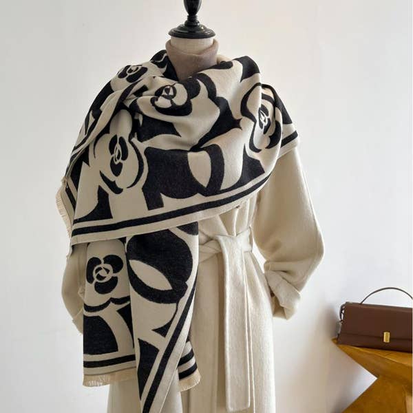 Wrap - Cozy Cashmere Like Black/White Rose Reversible Wrap