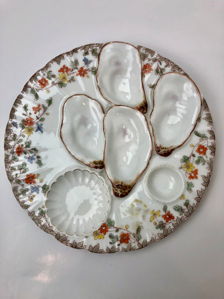 Estate Collection - Vintage Oyster Plate White/Brown with Floral Patterns