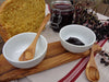 Olive Wood Round Porcelain Dip Bowls w/2 Spoons