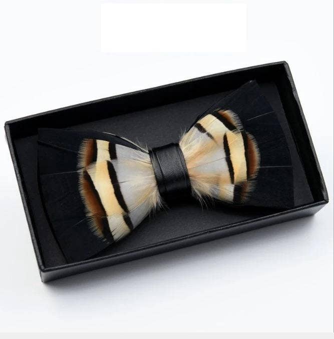 Bow Tie -  Wild Brown Feather Bow Tie W/Lapel Pin Set