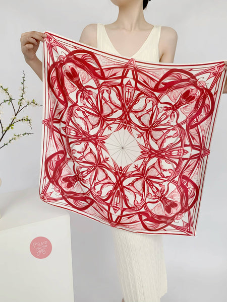 Scarf- Hand-drawn Geometric Pattern Silk Scarf in Red Ink on White Background