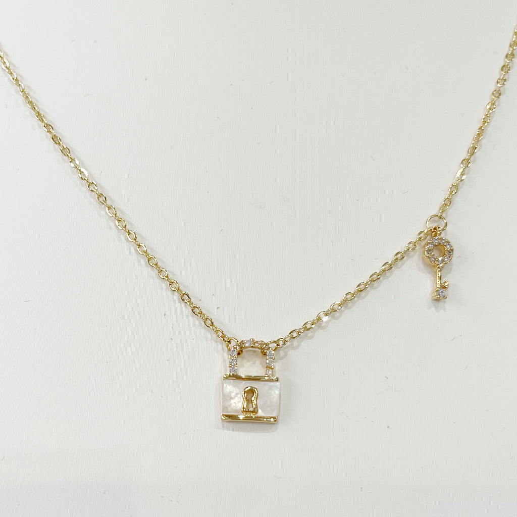 Necklace - Mother of Pearl Tiny Lock W/Pave CZs