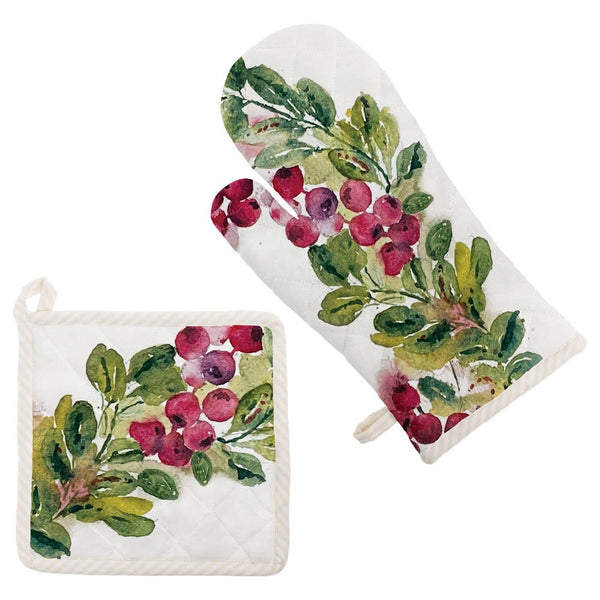 Oven Mitt and Potholder - Cranberry Wreath Cotton