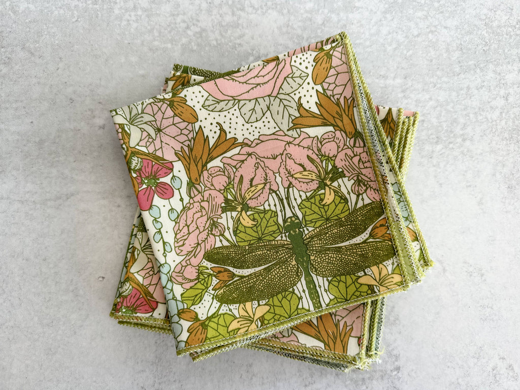 Beverage Napkins - Dragonfly Garden Cloth Napkins, Set of Four