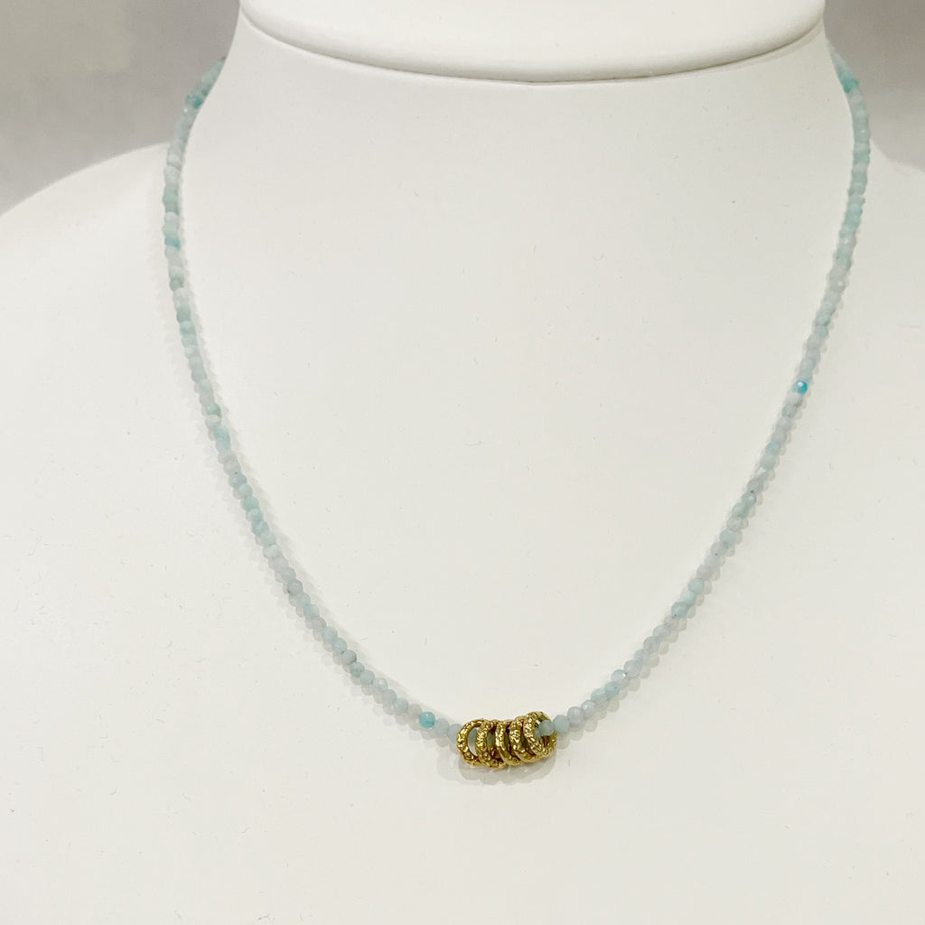 Necklace - Small Aquamarine W/Golg Rings