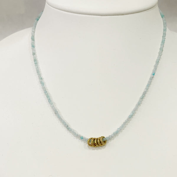 Necklace - Small Aquamarine W/Golg Rings
