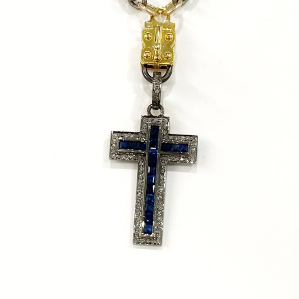 Vignette - Blue Sapphire Baguette & Diamond Cross - Sterling