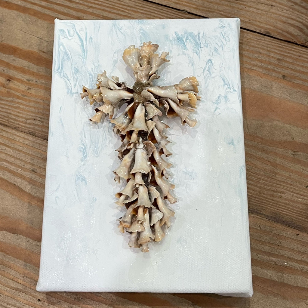 Handmade Seashell Cross on Canvas 5"x7"