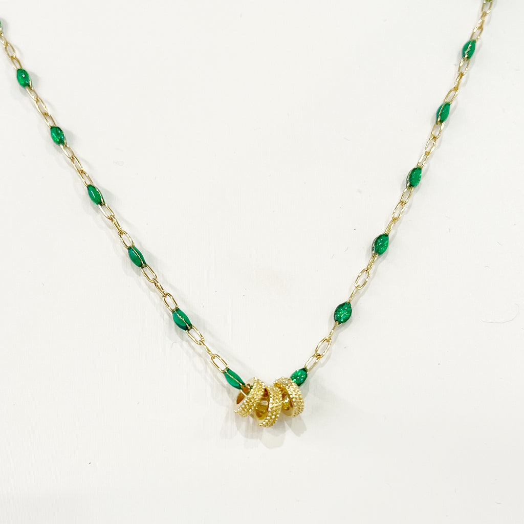 Necklace - Three Gold Rings On Green Enamel Beaded Gold Chain