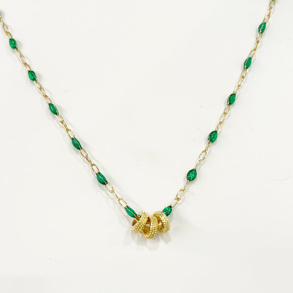 Necklace - Three Gold Rings On Green Enamel Beaded Gold Chain