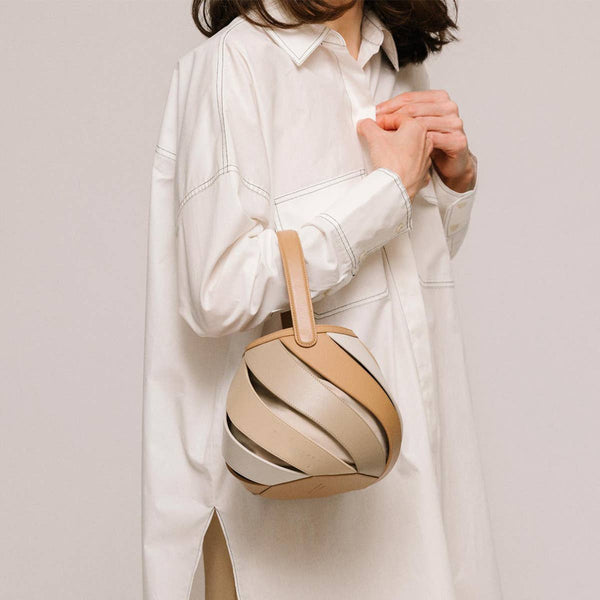 Purse - Cylindrical Contrasting Color Patchwork Bucket Bag in Beige