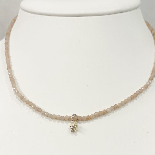 Pink Moonstone Necklace w/Pave Flower Drop
