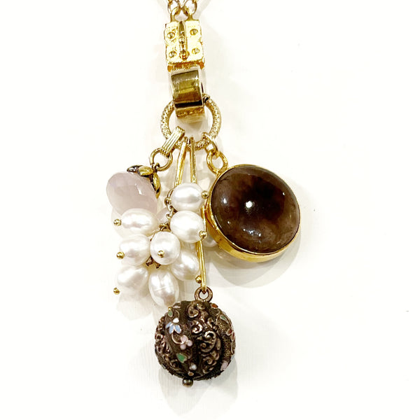 Vignette - Cluster of Vintage Floral Enamel Ball & Pearl Cluster & Rose Quartz
