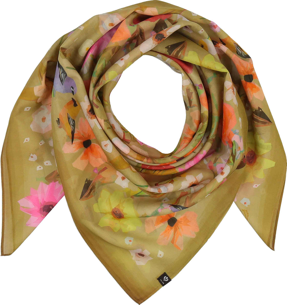 Scarf - Cotton Silk Square Floral Birds