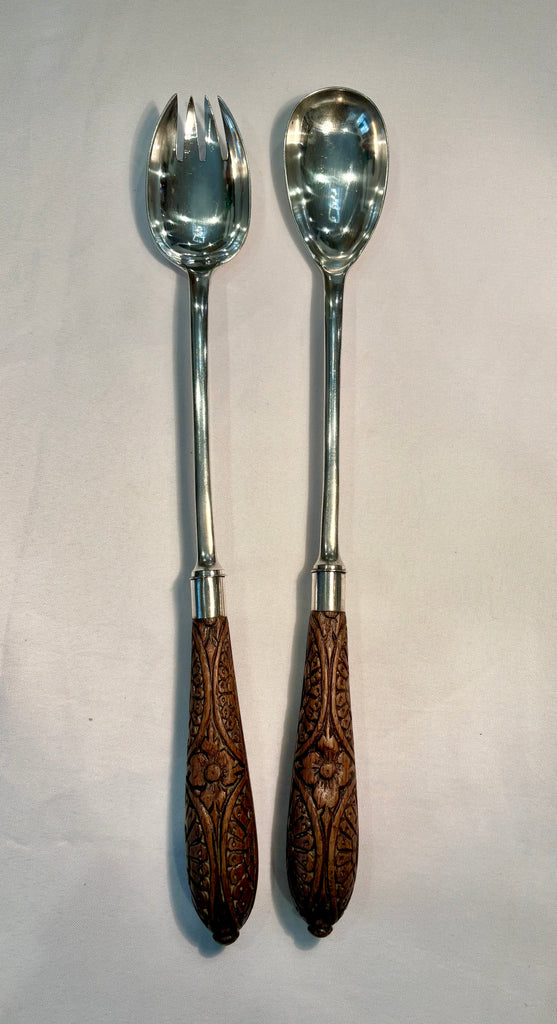 Estate Collection - Vintage Silver and Carved Wood Long Salad Server Set