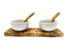 Olive Wood Round Porcelain Dip Bowls w/2 Spoons