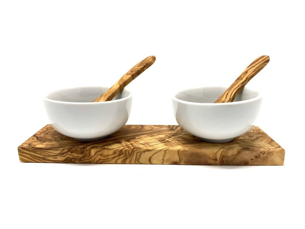 Olive Wood Round Porcelain Dip Bowls w/2 Spoons