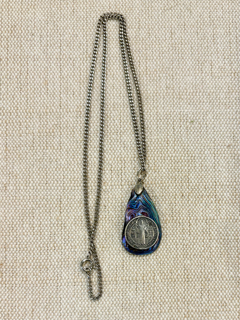 Estate Collection - Vintage Saint Benedict Coin on Abalone Necklace