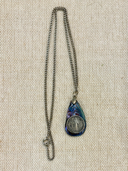 Estate Collection - Vintage Saint Benedict Coin on Abalone Necklace