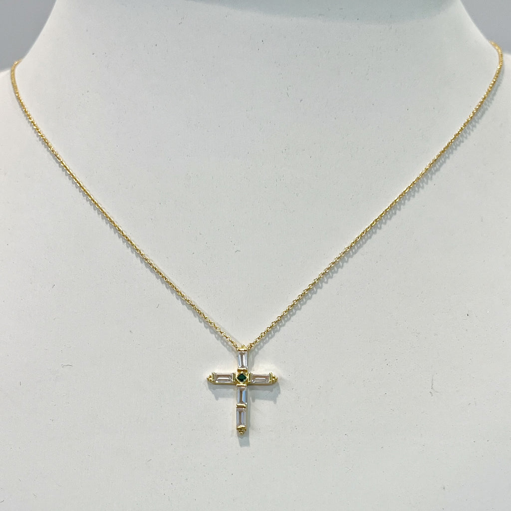 Necklace - Clear Baguette Cross w/Green Acccent on Gold Necklace