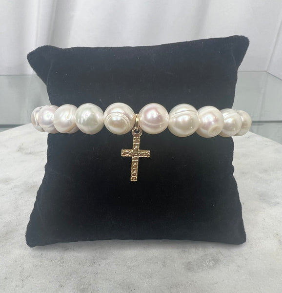 Bracelet - Pearl Stretch Bracelet with 14K Gold Filled Cross