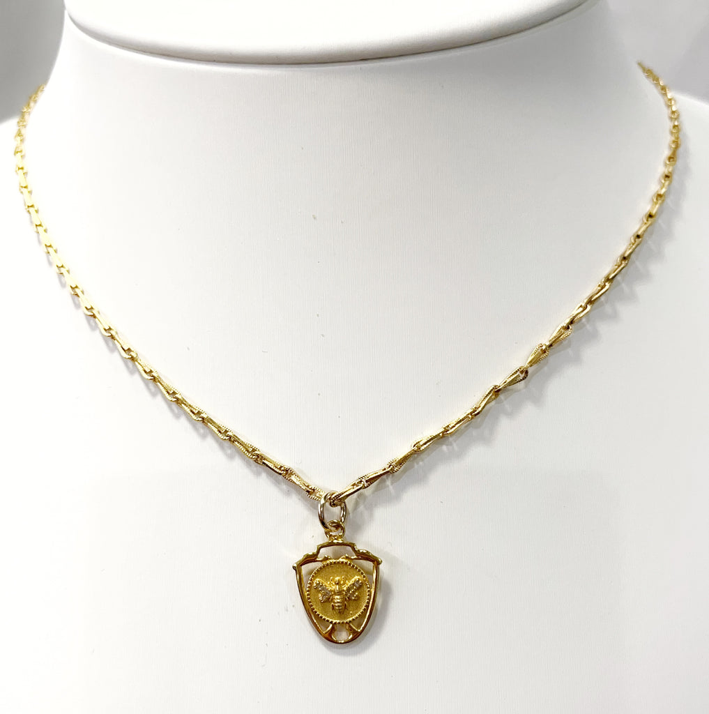 Necklace - Diamond Queen Bee Shield on Vintage Chain