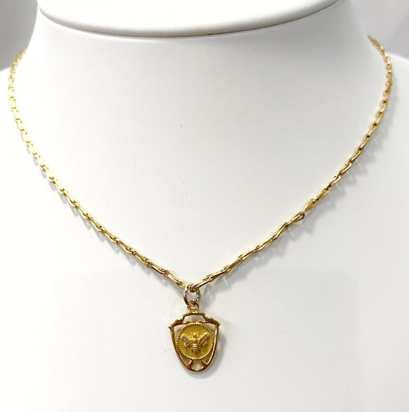 Necklace - Diamond Queen Bee Shield on Vintage Chain