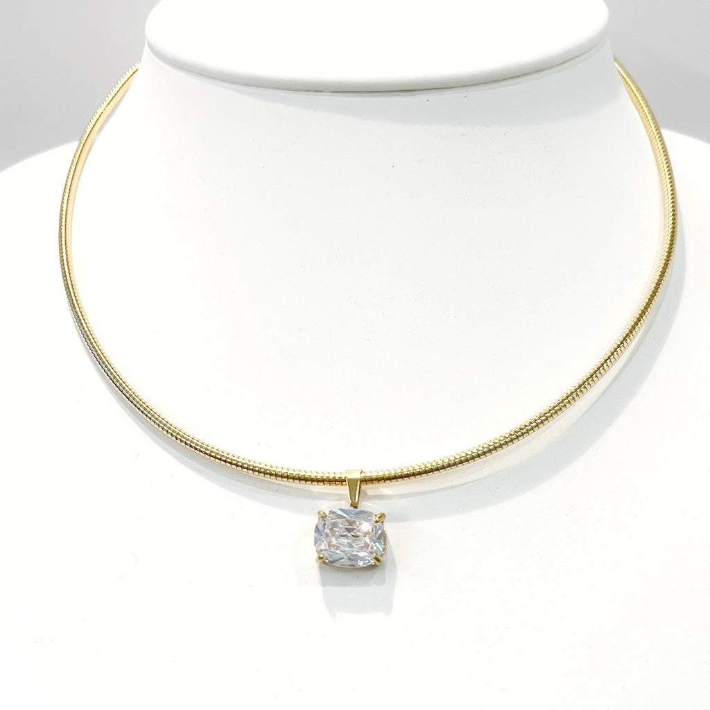 Necklace - Gold Coil Necklace w/Large Radiant Cut CZ Pendant