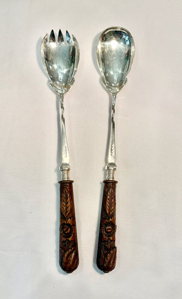 Estate Collection - Vintage Silver and Carved Wood  Salad Server Set