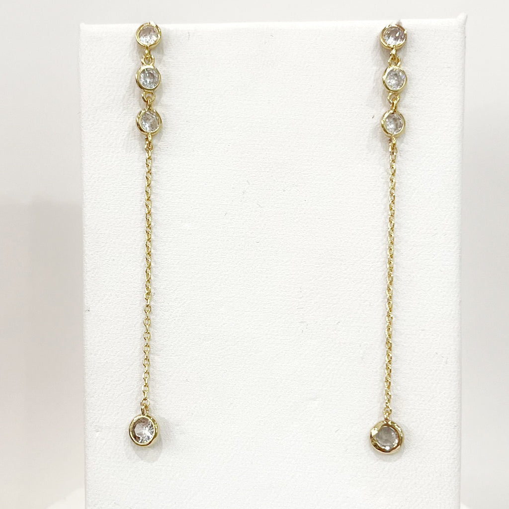 Earrings - Round Czs Set in Gold Dropped From Gold Chain
