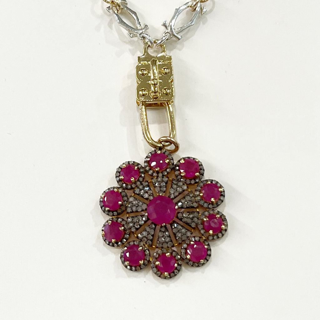 Vignette - Ruby & Diamond Flower on Old World Gold