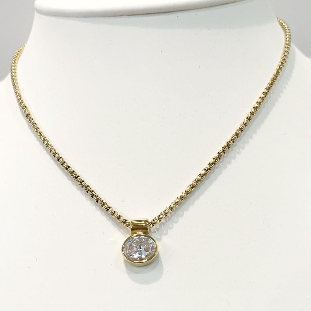 Necklace - Oval Shape CZ Pendant on Gold Chain