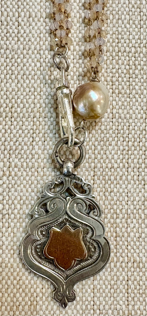 Necklace - Antique Sterling English Watch Fob Necklace w/Pearl & Glass Beads