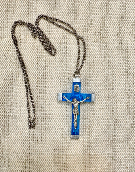 Estate Collection - Vintage French Blue Lucite Crucifix Necklace