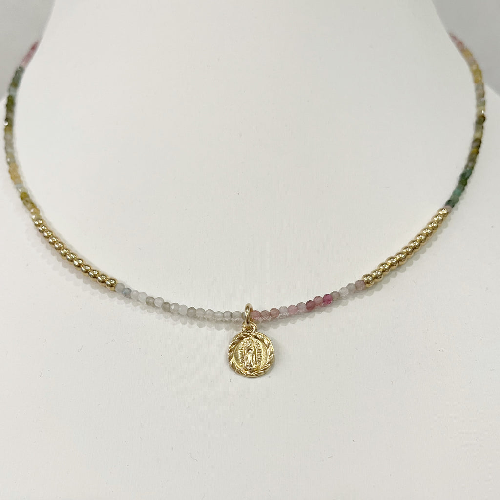 Rainbow Tourmaline & Gold Bead w/Gold Filled Religious Medal