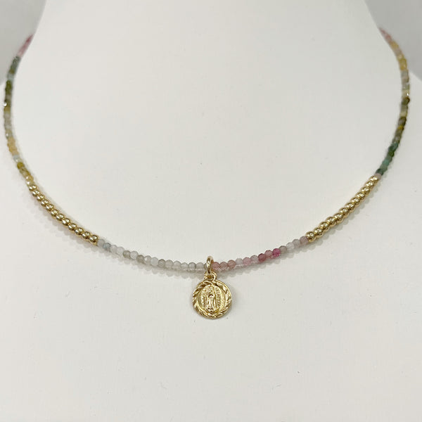 Rainbow Tourmaline & Gold Bead w/Gold Filled Religious Medal