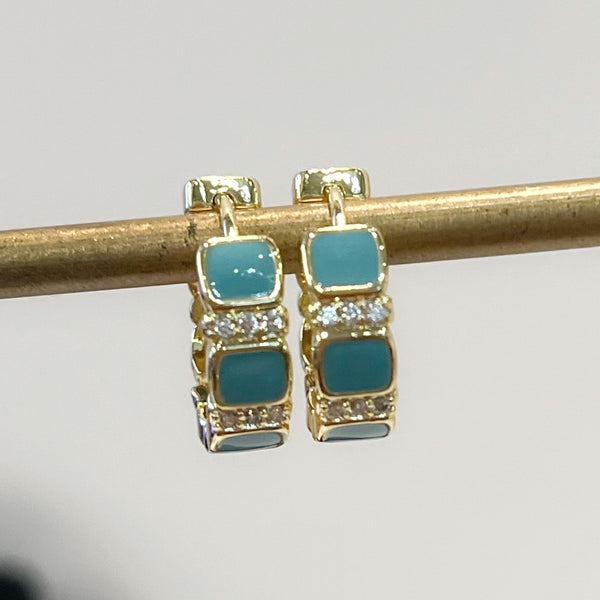Earrings - Gold, CZ & Turquoise Hoop Huggies