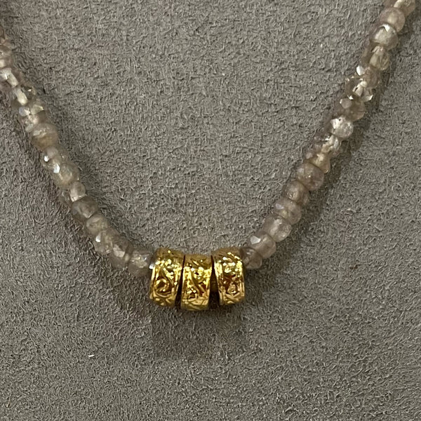 Necklace - Gray Moonstone W/Three Gold Filled Rings