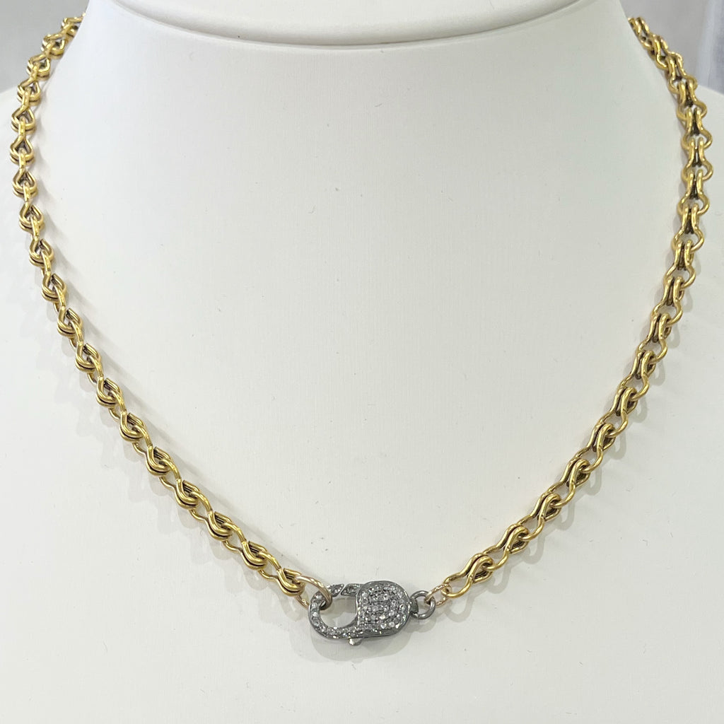 Necklace - Steampunk Gold Chain w/White Topaz & Gunmetal Lobster Clasp