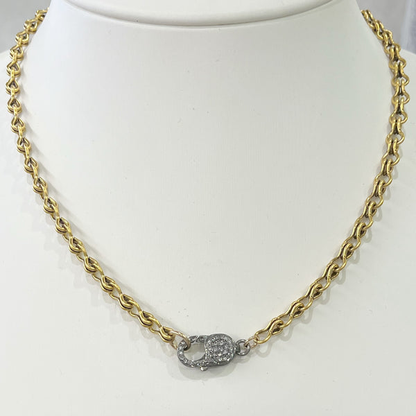 Necklace - Steampunk Gold Chain w/White Topaz & Gunmetal Lobster Clasp
