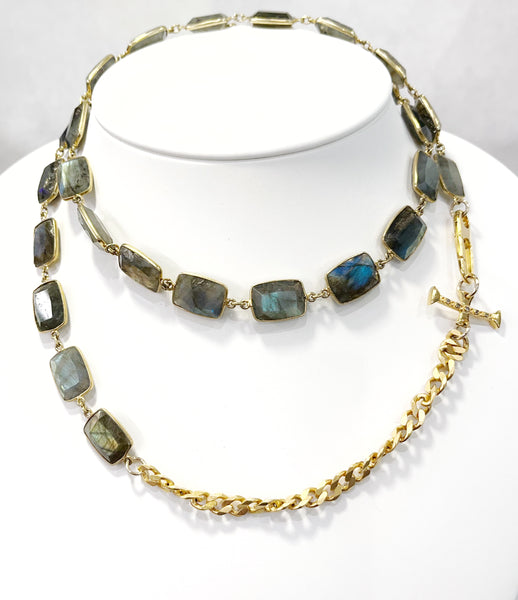 Necklace - Labradorite Bezels &Curb Chain W/Diamond Bar